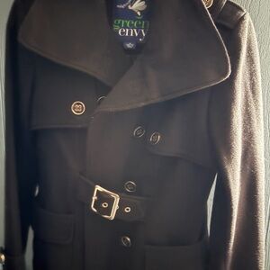 Green Envy Women's Black Wool Belted Pea Coat